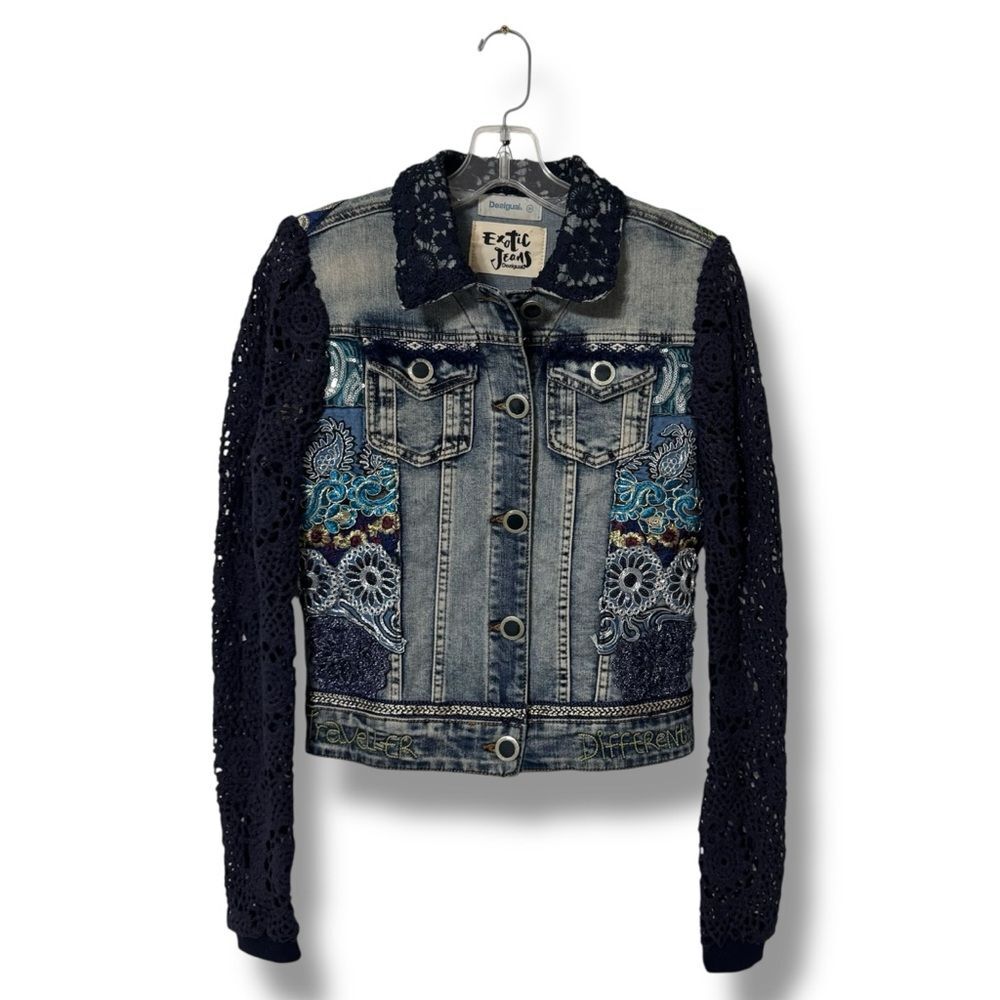 Desigual Denim Jacket Womens EU 34 US 2 Crochet Sleeve Boho Festival Statement